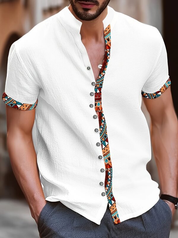 Men's Ethnic Style Contrast Patchwork Stand Collar Short Sleeve Shirt