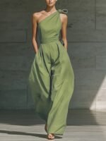 French Green One-Shoulder Wide-Leg Jumpsuit