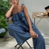 Women's Elegant Floral Print Sleeveless Cinched Waist Maxi Jumpsuit