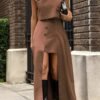 Round Neck Slim Fit Short Top High Waist Asymmetrical Skirt Set