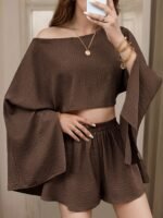 Women'S Spring Summer Solid Color Short Two-Piece Set Coffee Brown Colour