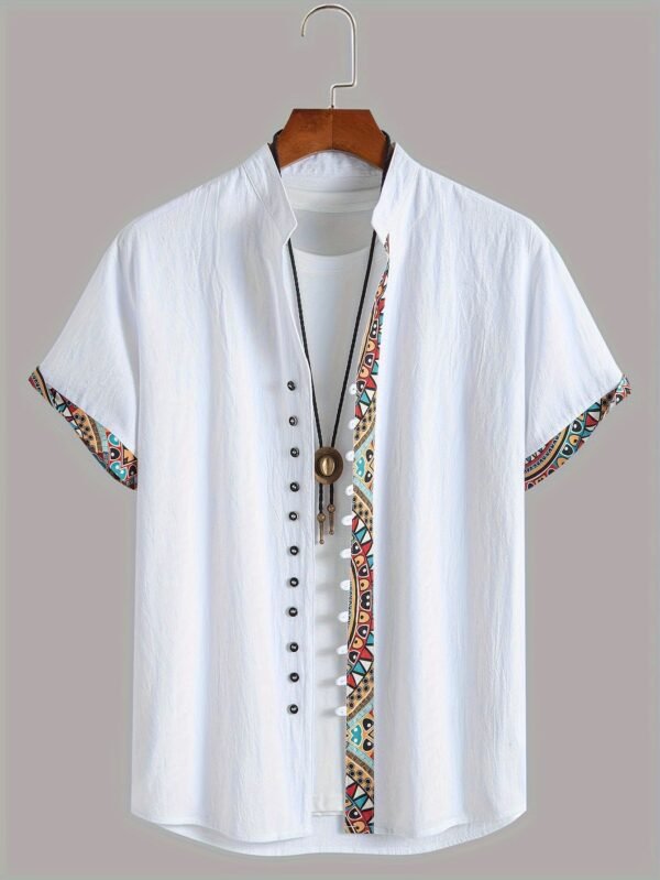 Men's Ethnic Style Contrast Patchwork Stand Collar Short Sleeve Shirt