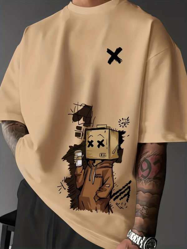 Men's Trendy Doll Graffiti Print Casual Short Sleeve T-Shirt – Khaki