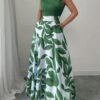 Green Leaf Print Pocketed A-Line Maxi Dress