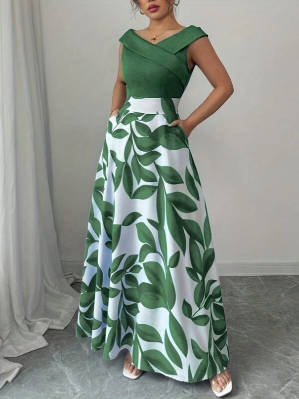 Green Leaf Print Pocketed A-Line Maxi Dress