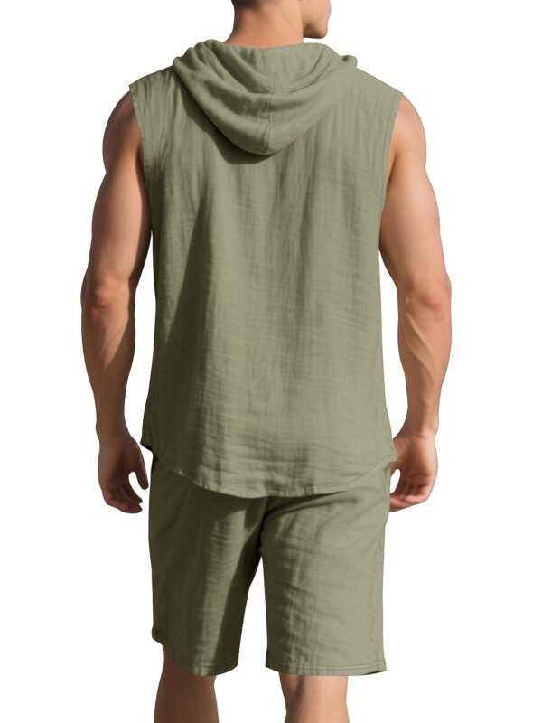Men's Hooded Sleeveless Button-Up Shirt & Drawstring Shorts Linen 2-Piece Set