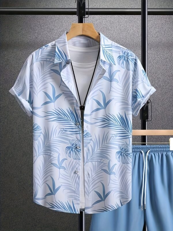 Men's Summer Printed Collared Shirt & Drawstring Shorts Set