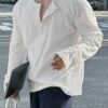 Men's Vertical Stripe Textured Henley Collar Long Sleeve Premium T-Shirt