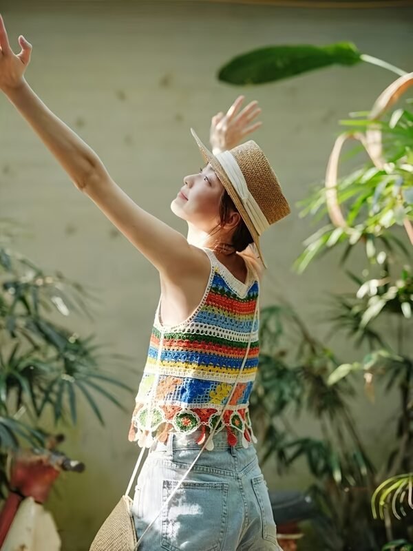 deb945c1-406a-4437-b4cd-2aad90017774.jpg Women's Rainbow Stripe Crochet Fringe Crop Tank Top