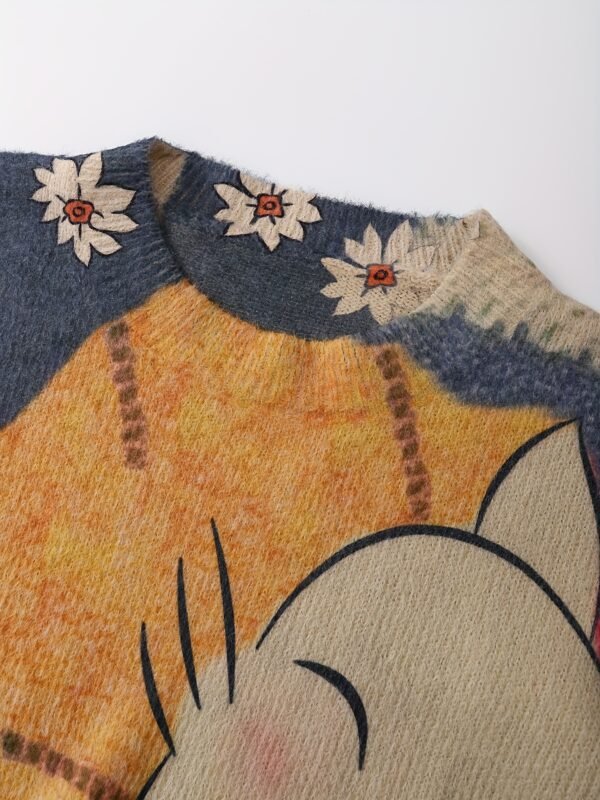 Women's White Cat & Floral Print Crew Neck Sweater