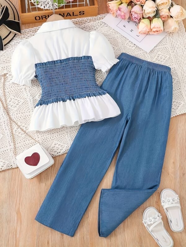 e1d89fd9-cdde-4da6-9af5-e6e05ceb6fed.jpg Girls' Spring & Summer Bubble Sleeve Collared Top and Wide-Leg Pants 2-Piece Set