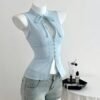 Women'S Jacquard Button Design Lace-Up Shirt