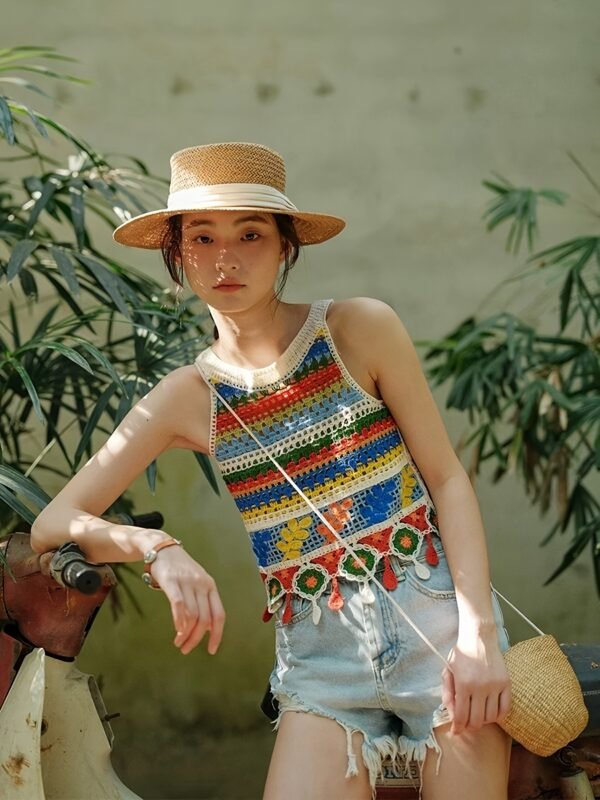 e3d21953-a30e-4c03-afa8-7ebfad521520.jpg Women's Rainbow Stripe Crochet Fringe Crop Tank Top