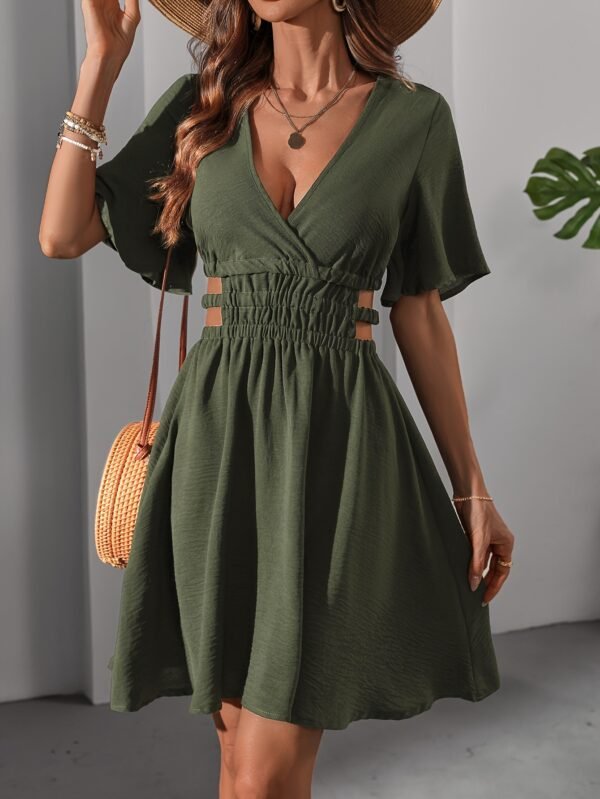 Olive Green Cut-Out Waist V-Neck Dress