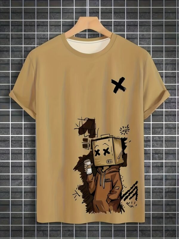 Men's Trendy Doll Graffiti Print Casual Short Sleeve T-Shirt – Khaki