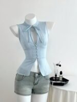 Women'S Jacquard Button Design Lace-Up Shirt