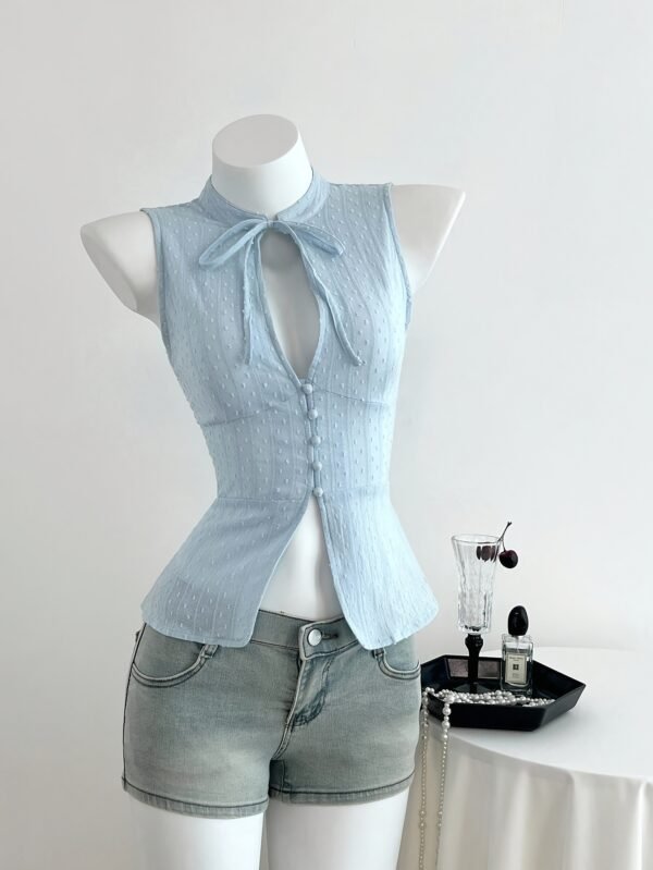 Women'S Jacquard Button Design Lace-Up Shirt