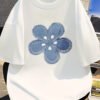 Women's Blue Floral Print Casual Short Sleeve T-Shirt