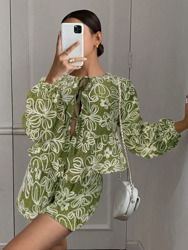 Matcha Floral Tie-Front Shirt & Shorts Set