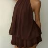 Coffee Brown Backless Halter Mini Dress