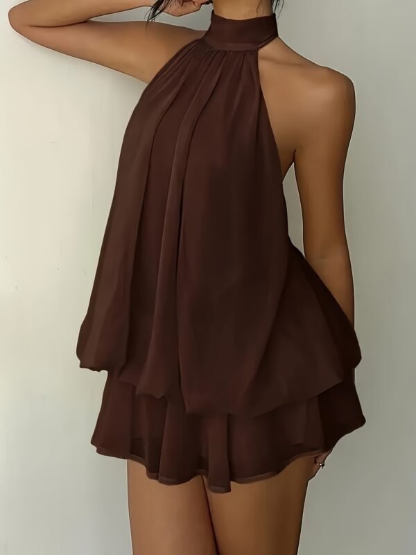 Coffee Brown Backless Halter Mini Dress