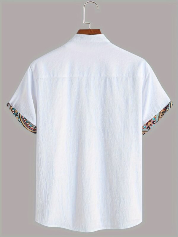 Men's Ethnic Style Contrast Patchwork Stand Collar Short Sleeve Shirt