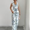 Printed V-Neck Top & Wide-Leg Pants Set