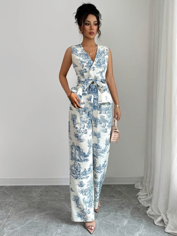 Printed V-Neck Top & Wide-Leg Pants Set