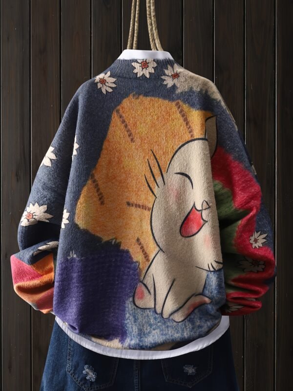 Women's White Cat & Floral Print Crew Neck Sweater