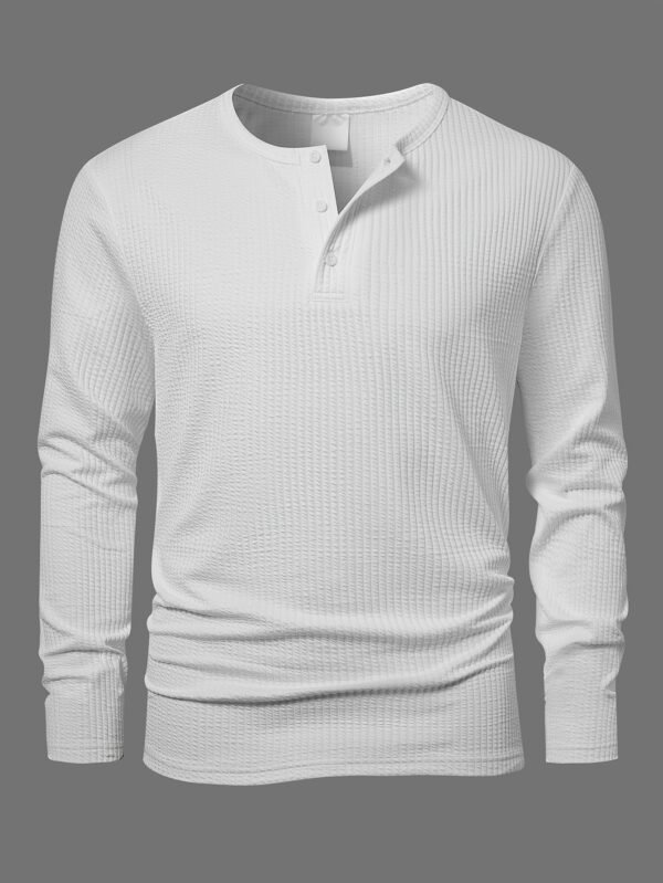 Men's Vertical Stripe Textured Henley Collar Long Sleeve Premium T-Shirt