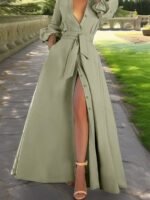 V-Neck Lantern Sleeve Belted Maxi Dress